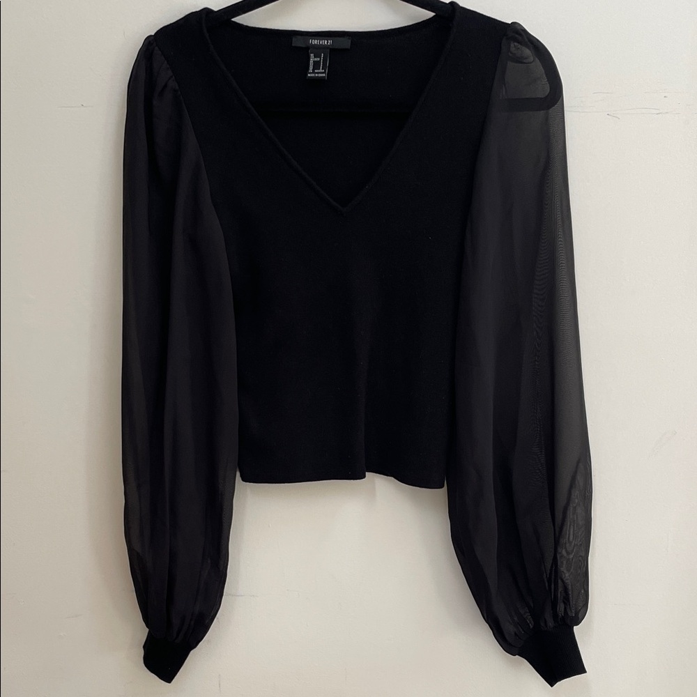 Forever 21 V-Neck Top Sheer Mesh Balloon Sleeve Black S
